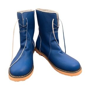 Blue Faux Leather Sherpa Lined Slipper Boots, size 8